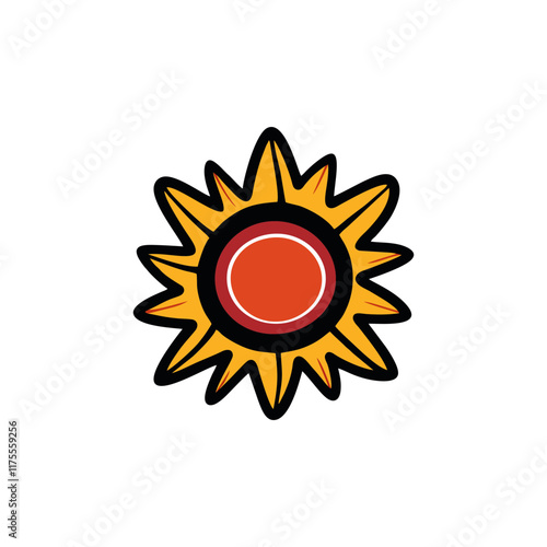 Colorful vector illustration of a sun with red center and yellow rays on white background with copy space