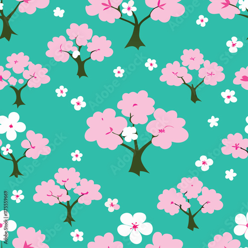 

A seamless tree pattern featuring Japanese cherry blossoms, showcasing delicate pink flowers on graceful branches, evoking elegance and serenity in traditional Japanese style.