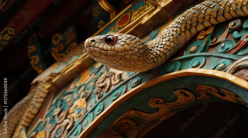 Obraz premium Intricate Wooden Snake Carving Adorns Temple Arch