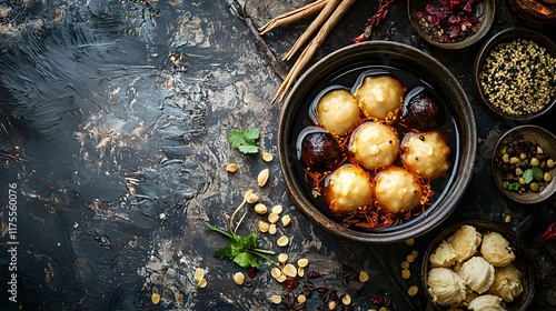 Authentic Pongal recipe presented in ornate bowl, topped with herbs and aromatic spices. Cherished South Indian festival dish background of cultural traditions and delicious flavors photo