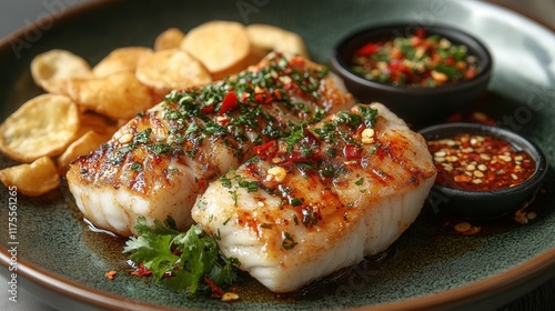 Grilled Fish Fillet with Spicy Chili Sauce and Potato Chips Gourmet Food Dish