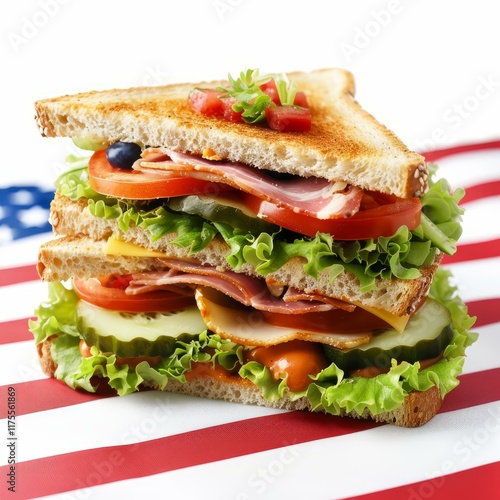 Toasted triple decker club sandwich overflowing with meat, cheese, and fresh vegetables, presented on an american flag photo