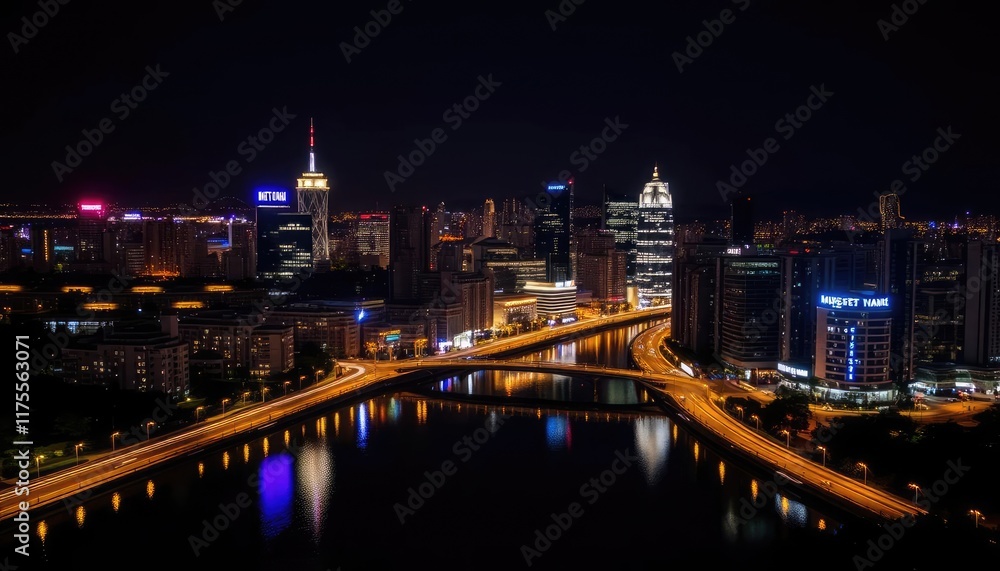 Night cityscape aerial view of city lights reflecting on water Night cityscape aerial view of city lights reflecting on water