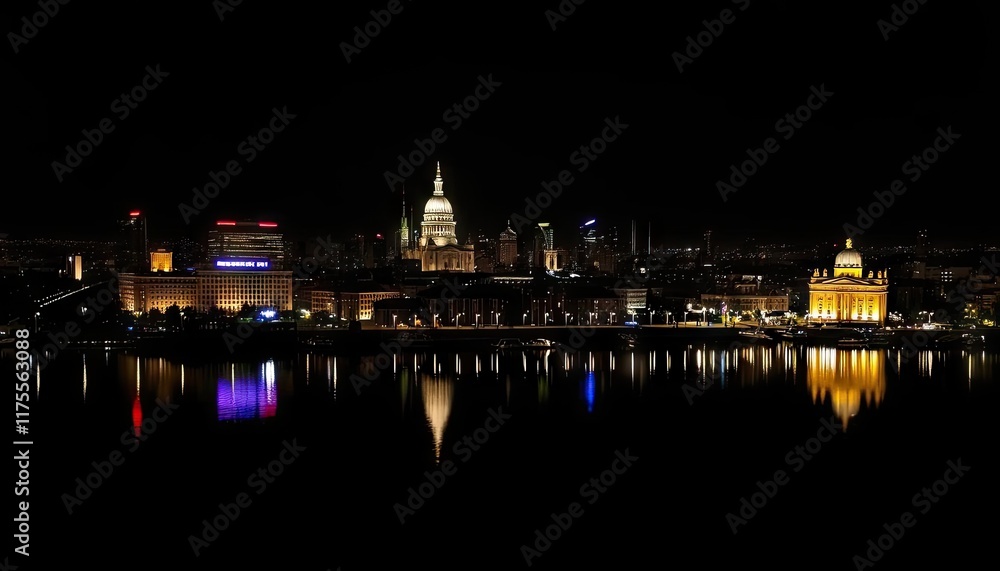 City skyline at night, reflected in water City skyline at night, reflected in water