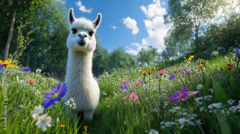 Obraz premium A cute llama stands in a colorful meadow full of flowers under a bright blue sky filled with fluffy clouds.
