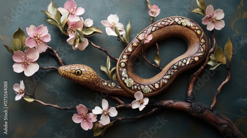 Intricate Wooden Snake Sculpture Amidst Delicate Blossoms photo