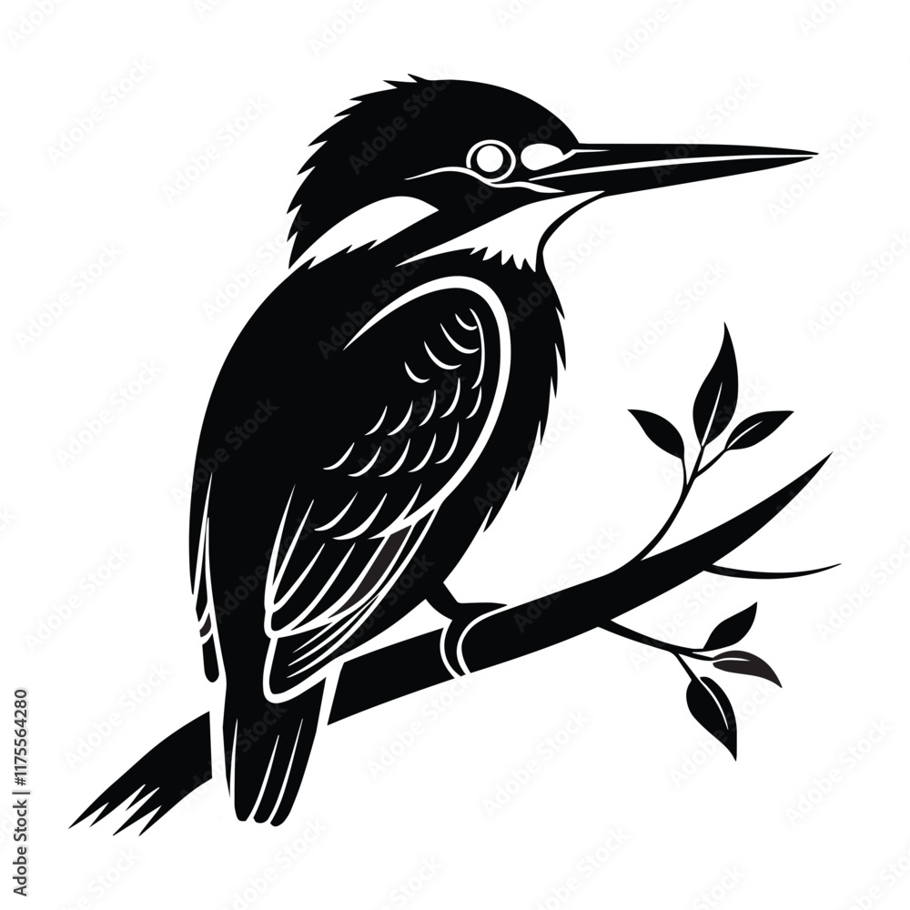 Fototapeta premium Kingfisher bird silhouette, Isolated black vector design stock bird on white background stock illustration