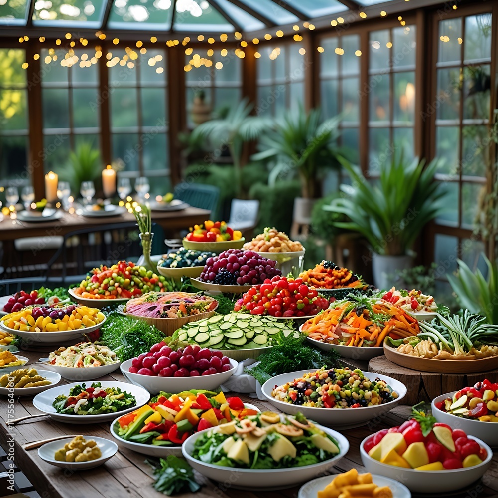 Fototapeta premium From a wide-angle view on a sunny summer morning, vibrant and luxurious vacation brunch food table at hotel suite's private terrace sprawls out, adorned with an array of delectable dishes, exuding an 