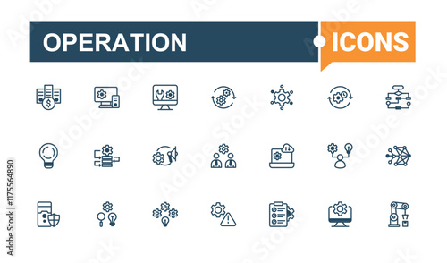 Operation icon set. Includes icons for customer, factory, plan, efficiency, making, planning and more. Thin linear style icons. Editable vector icon and illustration.