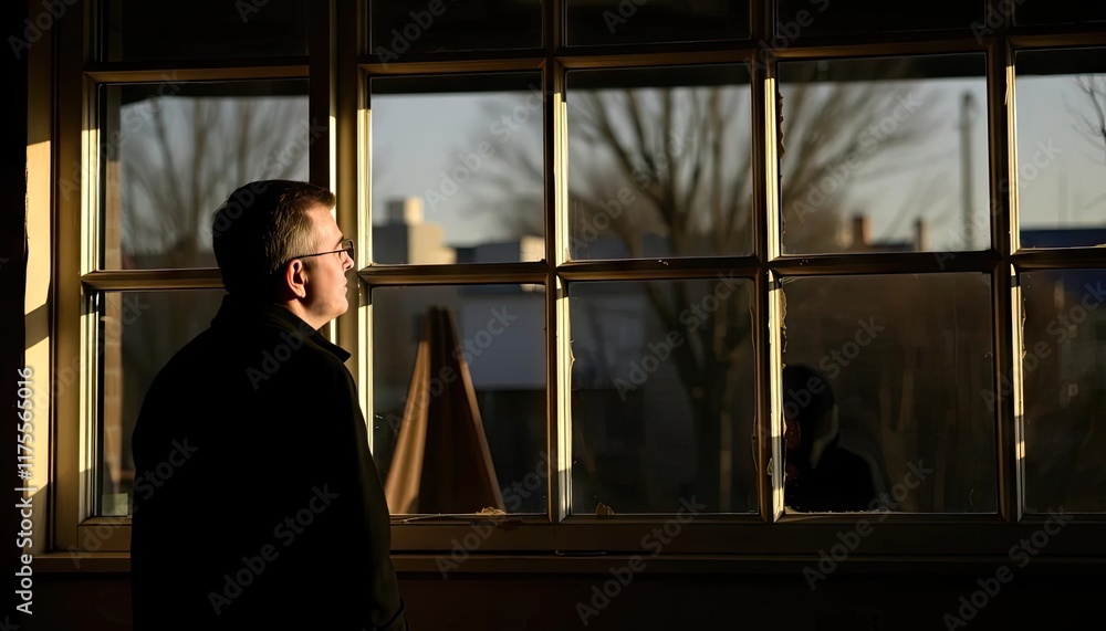 Man looking out window, city view, day light, contemplation, background scene Man looking out window, city view, day light, contemplation, background scene