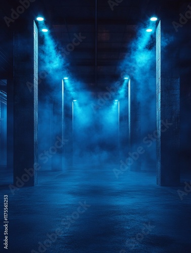 Dark empty space, blue and red neon spotlight, wet asphalt, smoke, night view street, rays. Abstract dark texture of an empty background with copy space mock up design