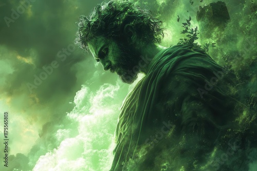 marcus aurelius depicted as a superhero amidst a chaotic backdrop with a dark green aura merging history with fantasy and showcasing strength and wisdom in a unique artistic interpretation