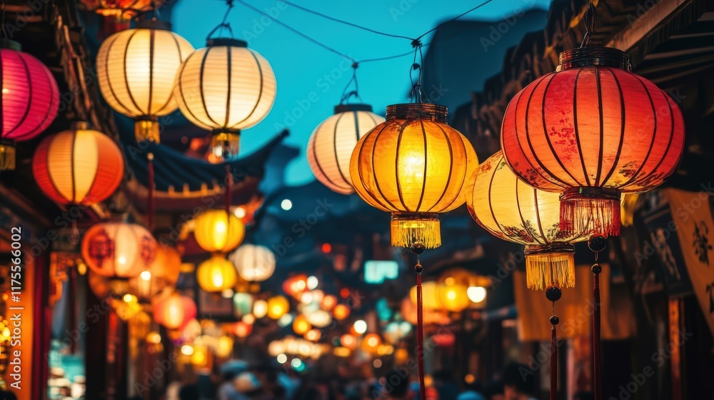 Illuminated Asian Lanterns Hanging In Festive Street Scene Illuminated Asian Lanterns Hanging In Festive Street Scene