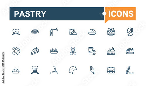 Pastry icon set. It contains symbols to birthday, cook, bake, pie, graphic, ice, cupcake, cookie. Collection for mobile and web apps. Vector outline and solid icons collection.