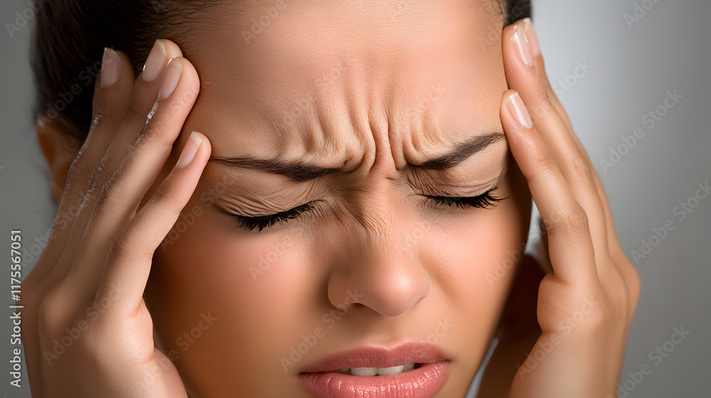 Woman holding head, expressing severe headache or migraine