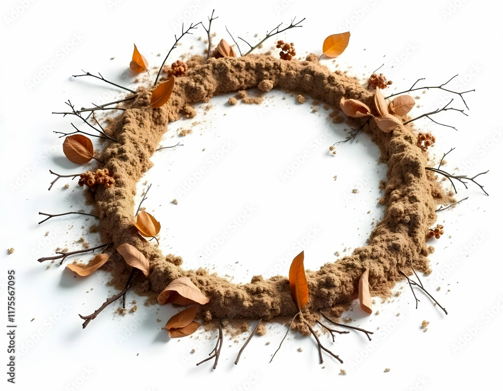 Fototapeta premium A circular frame made of soil or dirt, with a white background