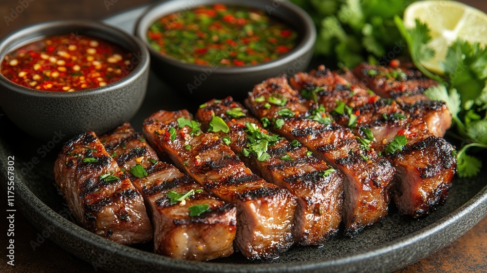 Grilled Steak Slices with Spicy Chili and Green Dipping Sauces Cilantro Garnish Grilled Steak Slices with Spicy Chili and Green Dipping Sauces Cilantro Garnish