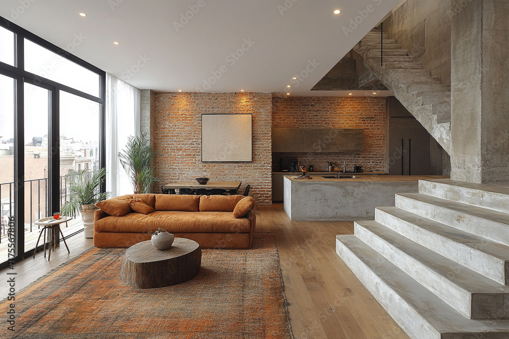 Fototapeta premium Modern Loft Apartment Living Room Design With Exposed Brick