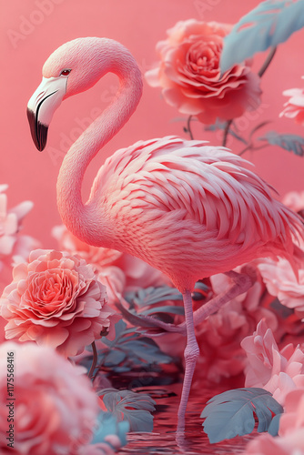 3D vector tropical illustration of a pink flamingo and rose photo