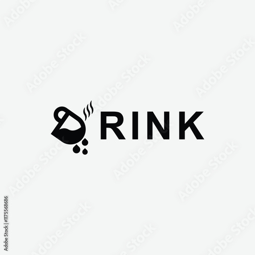 Drink word logo design with illustration of drink spilling from mug on D letter.
