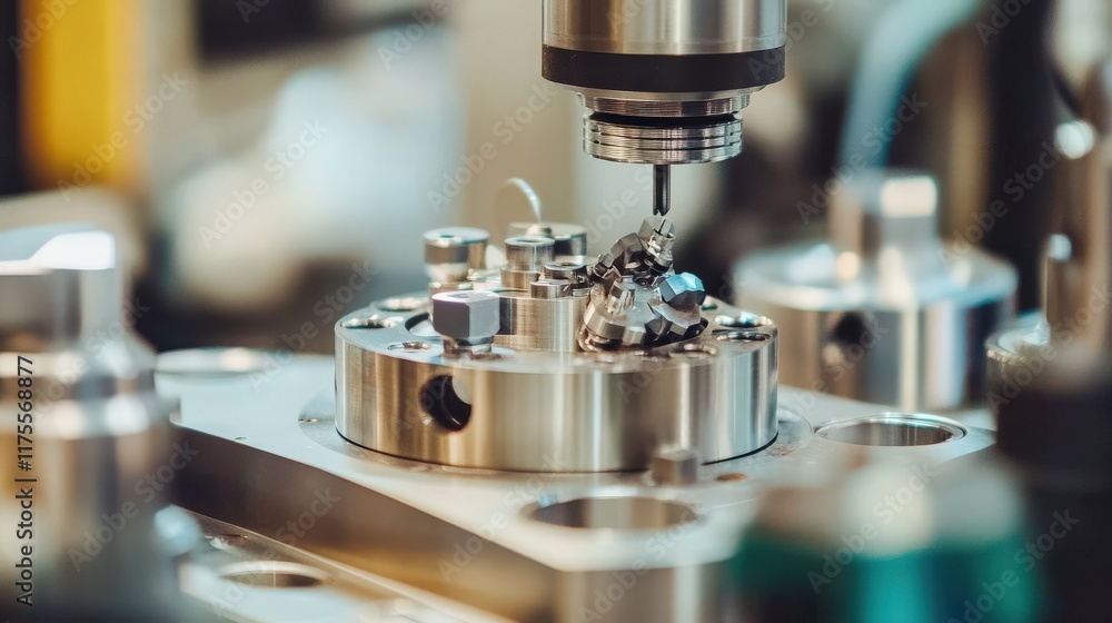 Precision Engineering: Close-Up of a High-Tech CNC Machine Tool Cutting Metal Components in a Modern Industrial Workshop Precision Engineering: Close-Up of a High-Tech CNC Machine Tool Cutting Metal Components in a Modern Industrial Workshop