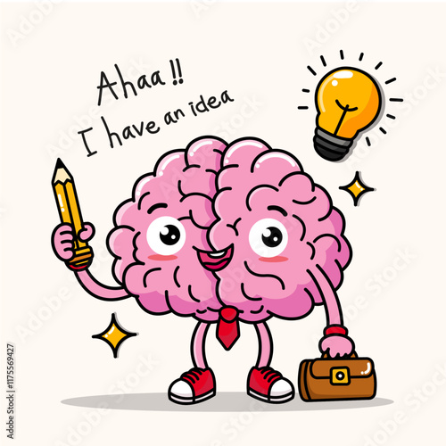 Cheerful cartoon brain character holding a pencil and briefcase with a light bulb above its head in a creative setting
