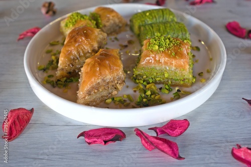Different baklava slices on a white plate