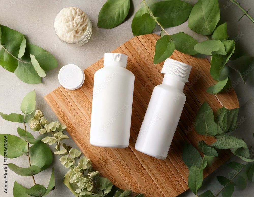 White Skincare Bottles with Organic Elements White Skincare Bottles with Organic Elements