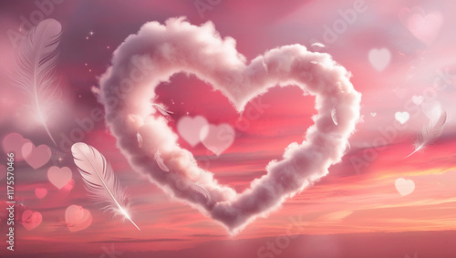 Heart made of clouds against a pink sunset background. Valentine's Day Banner. Greeting card, Valentine's Day invitation.