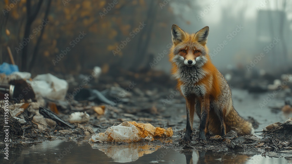 Fototapeta premium Red Fox Sitting Amidst Urban Pollution Environmental Concerns Wildlife in City