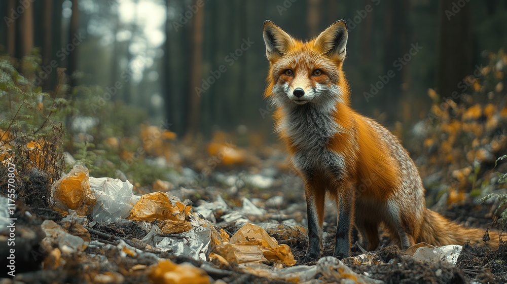 Fototapeta premium Red Fox in Forest Amidst Plastic Waste Environmental Concern Wildlife