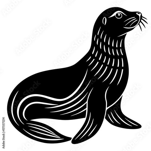 Cute  Line Art Sea Lion Silhouette Black Vector Illustration