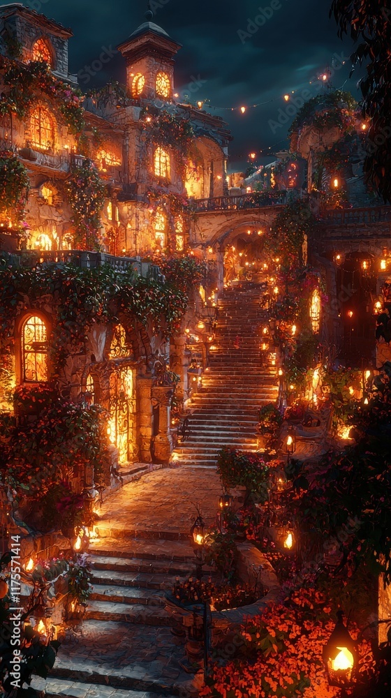 Obraz premium Enchanting night festival in a rustic village lanterns and atmosphere hyperrealistic art style