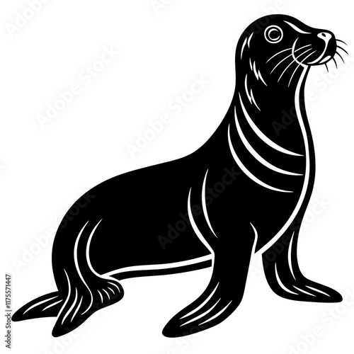 Cute  Line Art Sea Lion Silhouette Black Vector Illustration