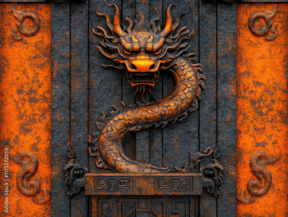 Elaborate Dragon Relief Carving on Ancient Doorway Highlighted with Distinctive Orange and Dark Textures, Symbolizing Strength and Mystique in Architectural Design Elaborate Dragon Relief Carving on Ancient Doorway Highlighted with Distinctive Orange and Dark Textures, Symbolizing Strength and Mystique in Architectural Design