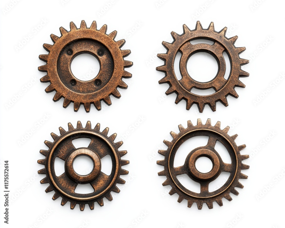 Four bronze gears arranged on a white background Four bronze gears arranged on a white background