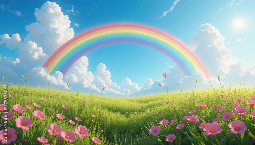 Vivid rainbow arching across blue sky with fluffy white clouds, sunlight illuminating green meadow with pink flowers, creating idyllic natural scene. Vivid rainbow arching across blue sky with fluffy white clouds, sunlight illuminating green meadow with pink flowers, creating idyllic natural scene.