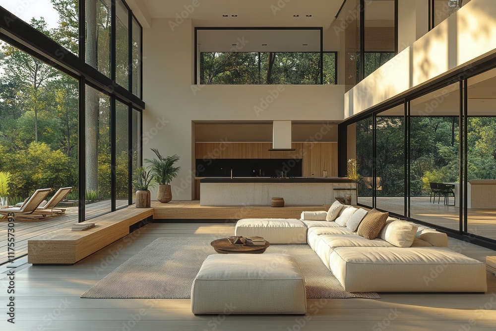 Fototapeta premium minimalist home interior highlighting expansive windows that invite natural light with clean lines and neutral colors creating a serene atmosphere soft shadows enhance the tranquility