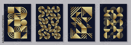 Set of gold and black geometric vector pattern posters with 20s geometric design. Trendy bauhaus pattern background for cover design, poster and interior. Retro illustration.