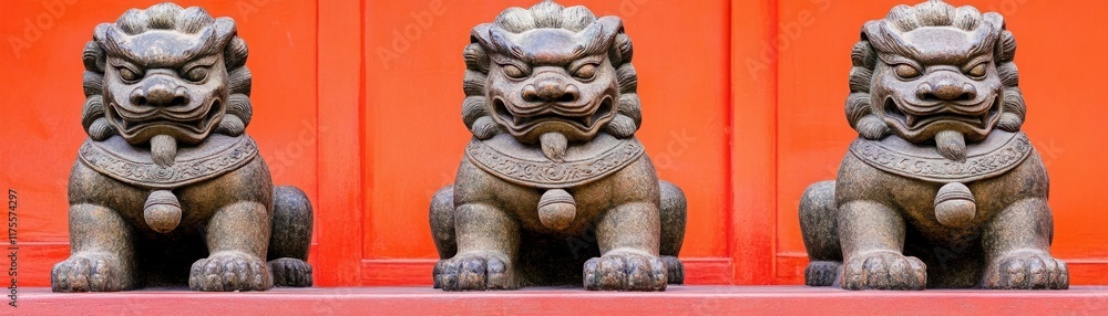 Three Majestic Stone Guardian Lions in Front of a Vibrant Red Wall, Symbolizing Protection and Strength in Ancient Cultural Heritage Three Majestic Stone Guardian Lions in Front of a Vibrant Red Wall, Symbolizing Protection and Strength in Ancient Cultural Heritage