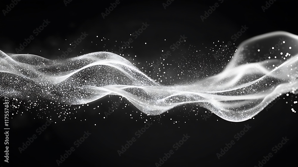 Generative flowing black and white liquid patterns with scattered white particles in a clean design Generative flowing black and white liquid patterns with scattered white particles in a clean design