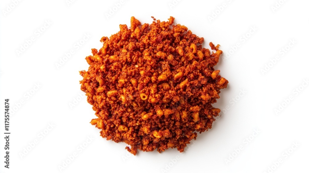 Close-up of a pile of red, seasoned pasta on a white background. Close-up of a pile of red, seasoned pasta on a white background.