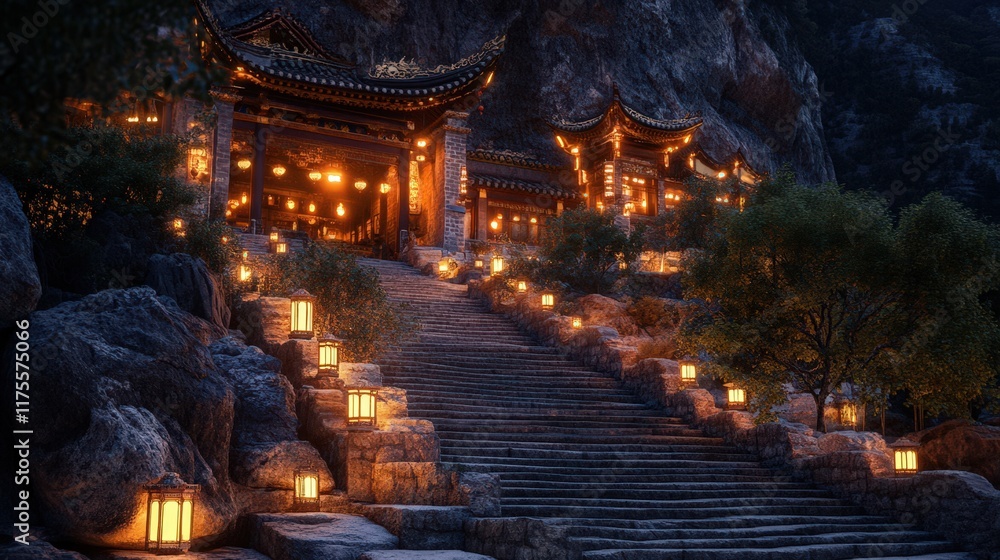 Fototapeta premium Illuminated Temple Steps Carved Into Mountainside At Night