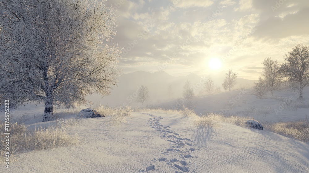 Snowy winter landscape with frosted tree and footprints, sunrise Snowy winter landscape with frosted tree and footprints, sunrise