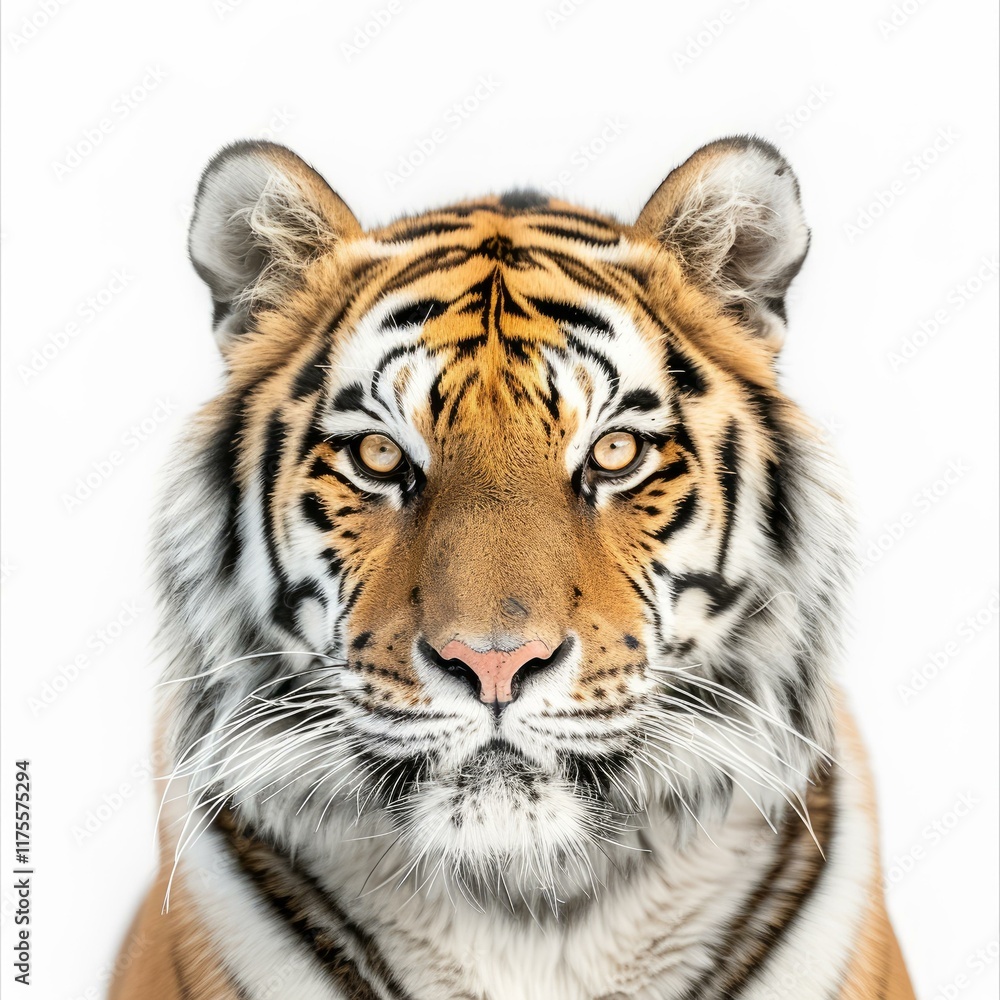 Studio portrait of a magnificent tiger looking intensely, isolated on a white background Studio portrait of a magnificent tiger looking intensely, isolated on a white background