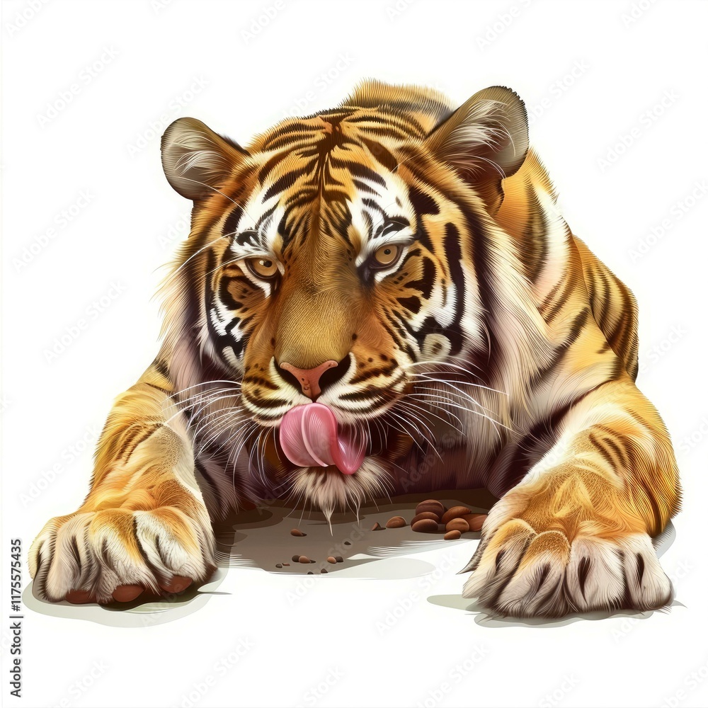 Obraz premium Bengal tiger licking its lips while eating on a white background, enjoying its meal