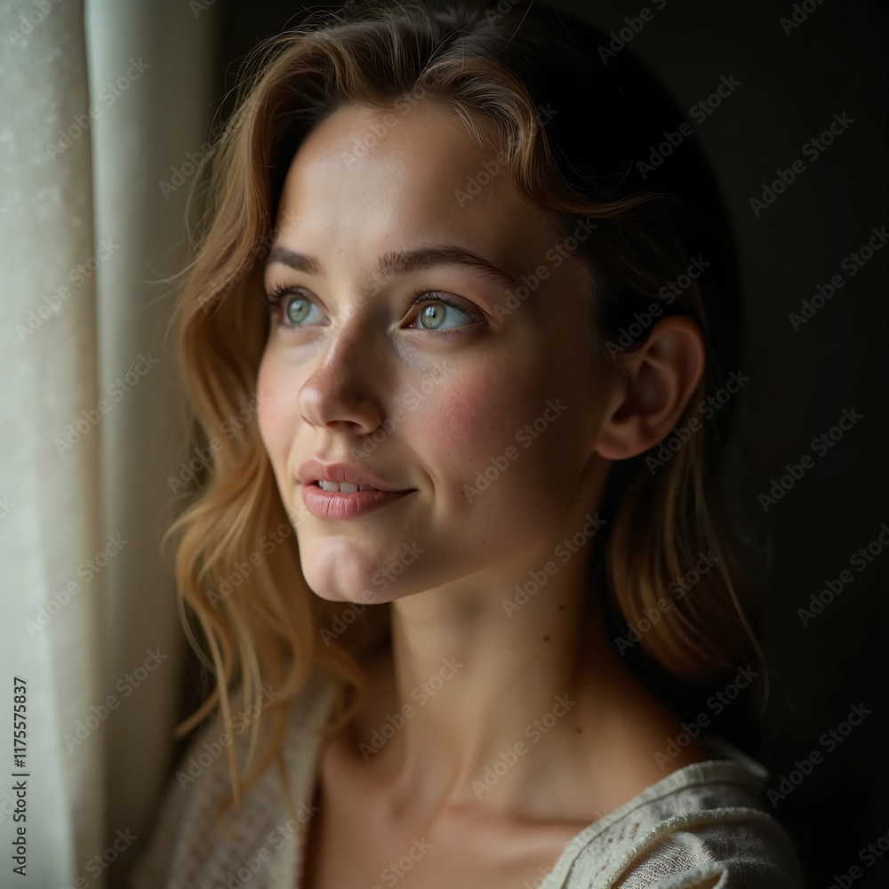 A young woman with a soft, wistful expression A young woman with a soft, wistful expression