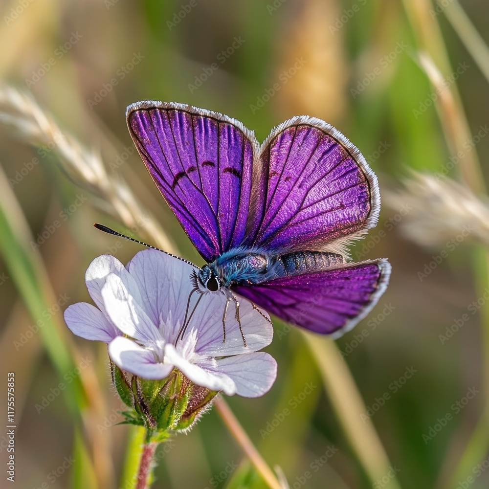 Fototapeta premium Purple butterfly perched on a white flower in a field.