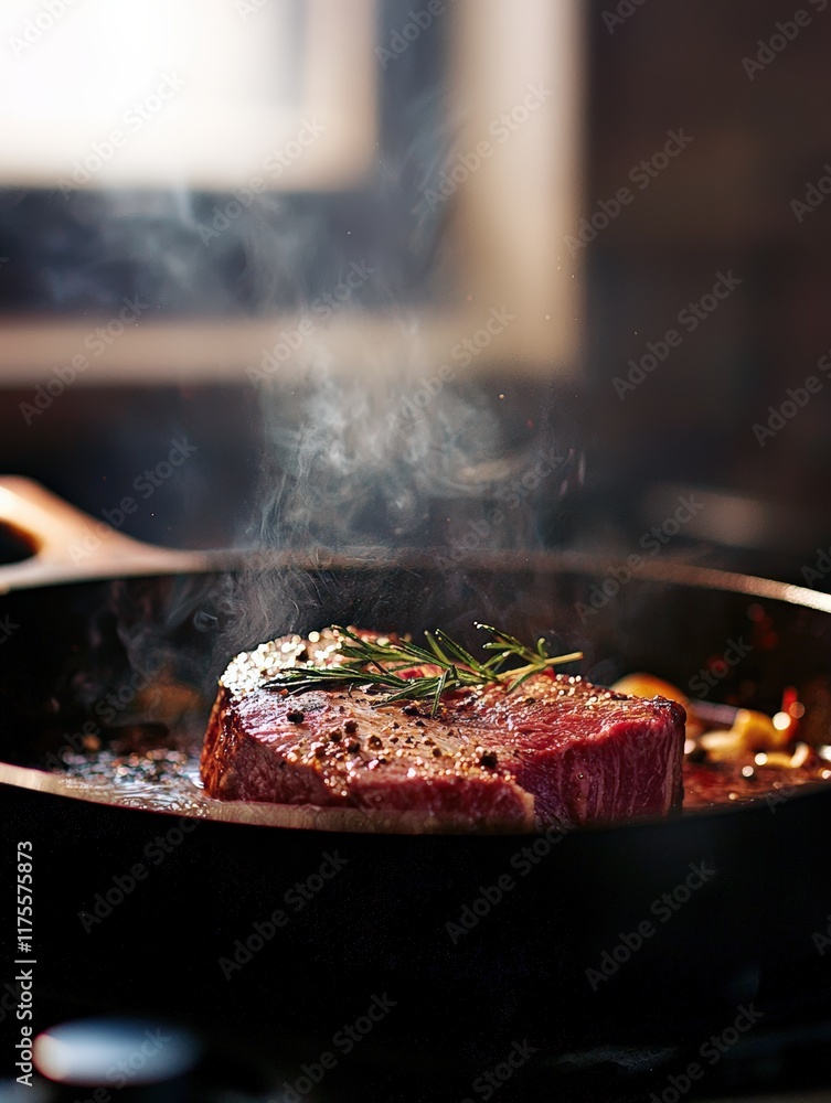 Fototapeta premium Fresh beef steak on a dark textured background with copy space
