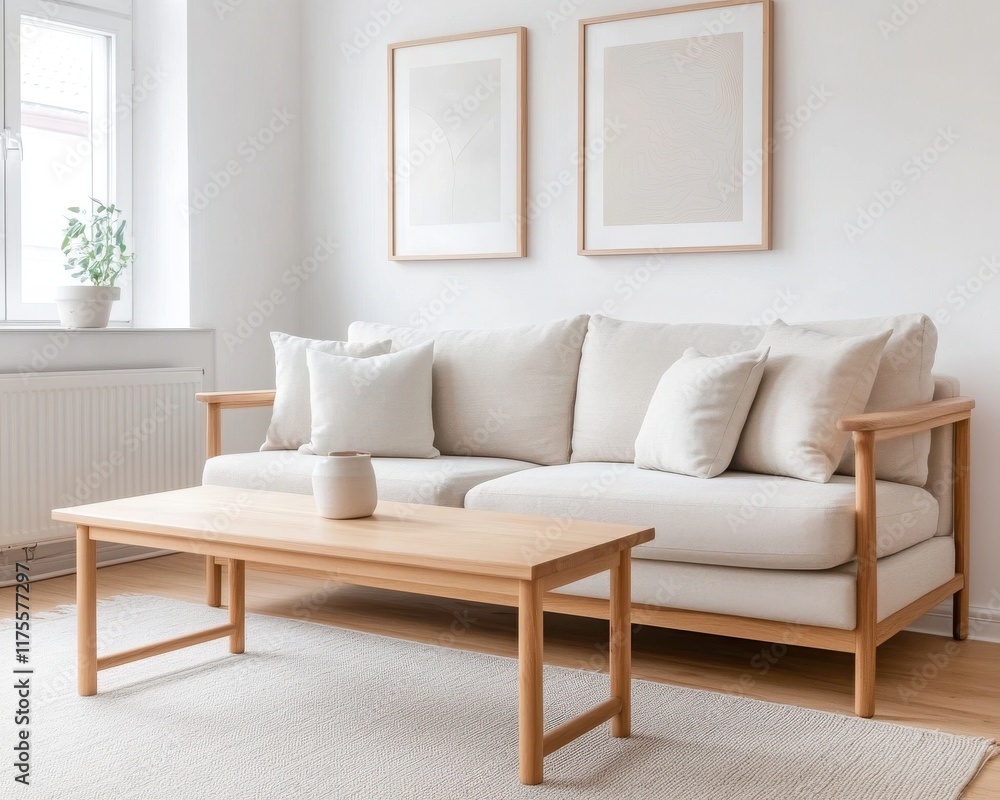 A serene, modern living room featuring a light sofa and wooden coffee table, perfect for relaxation and comfort. A serene, modern living room featuring a light sofa and wooden coffee table, perfect for relaxation and comfort.